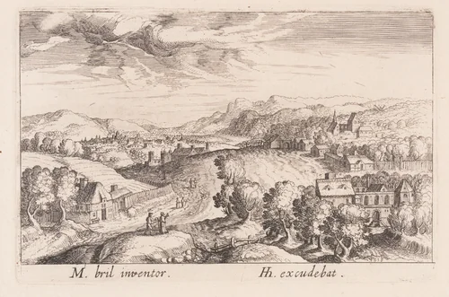 Hilly Landscape with Three Couples, from Topographia Variarum Regionum by Simon Frisius, print, 1614