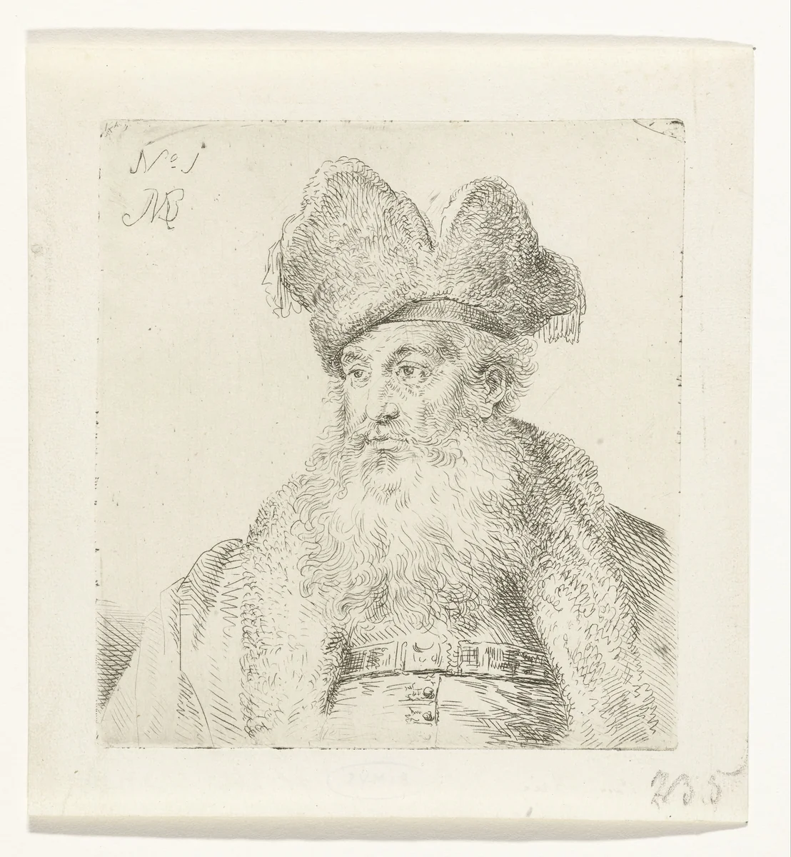 Old man with a divided fur cap by Mattheus Ignatius van Bree, print, 1783-1839