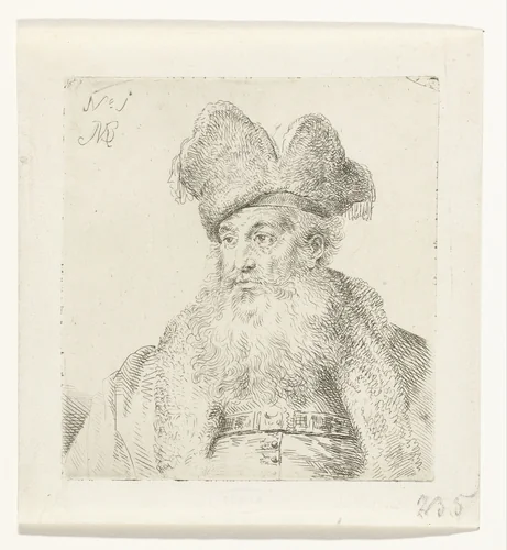 Old man with a divided fur cap by Mattheus Ignatius van Bree, print, 1783-1839