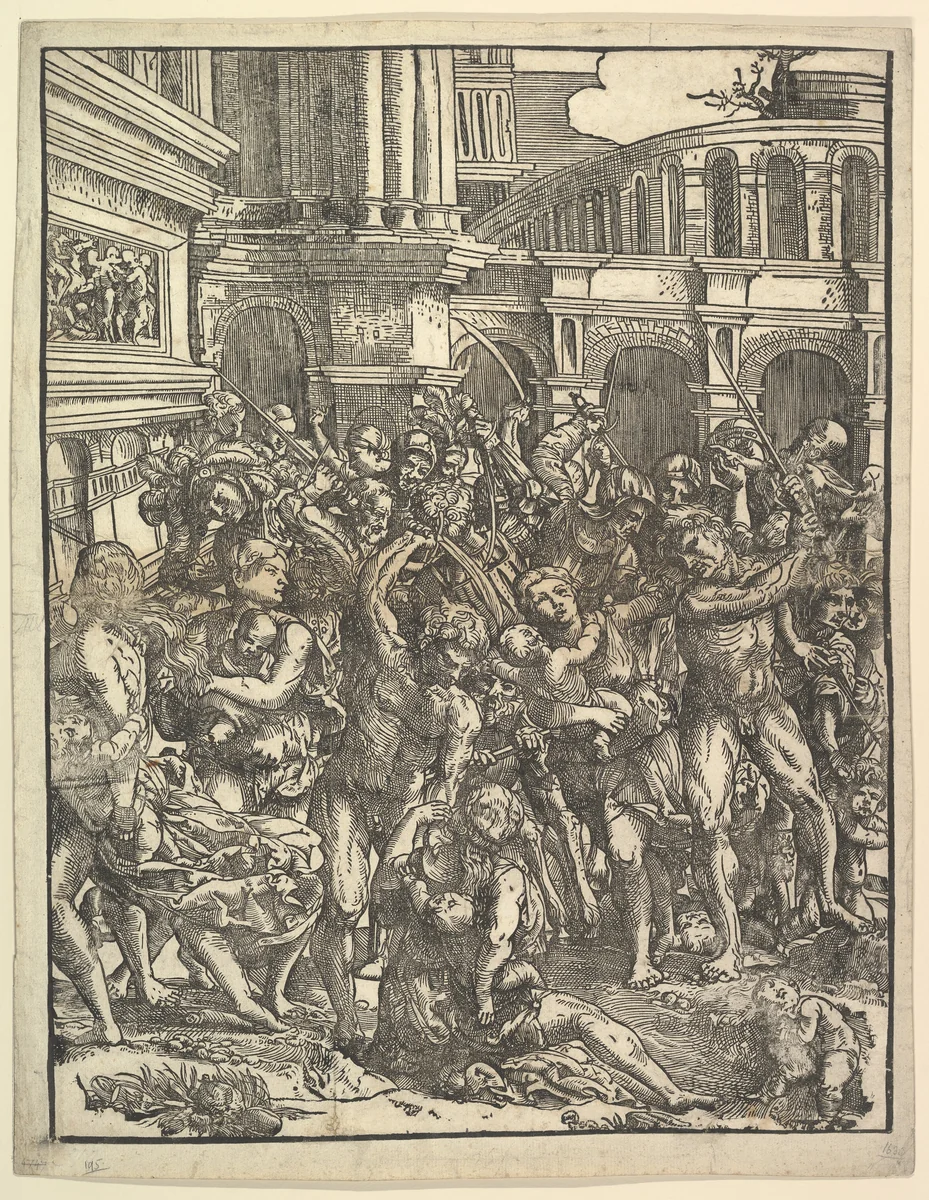 The Massacre of the Innocents (Right side) with group of male figures attacking women and children; classical buildings in the background by Domenico Campagnola, print, 1517