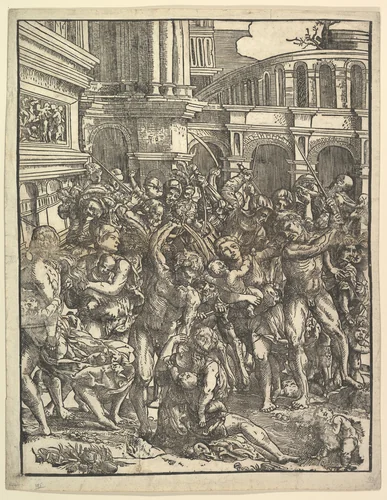 The Massacre of the Innocents (Right side) with group of male figures attacking women and children; classical buildings in the background by Domenico Campagnola, print, 1517