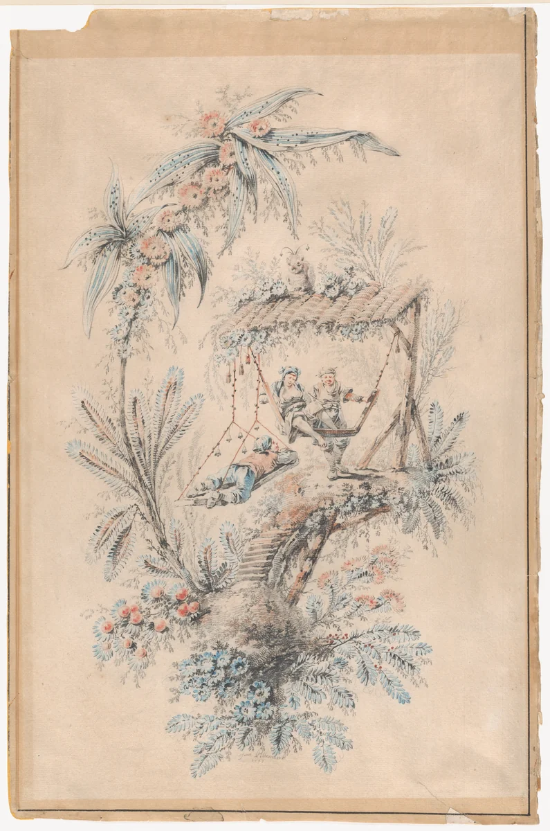 Fantastical Landscape with Exotic Plants and Three Figures by Jean Pillement, drawing, 1771
