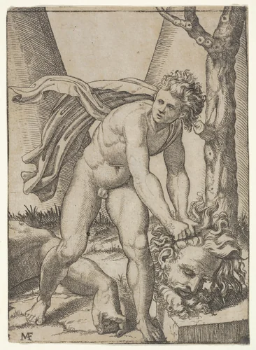 David with the head of Goliath by Marcantonio Raimondi, print, 1515-1516