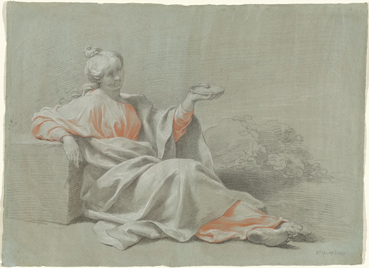 Young Woman with a Bowl, Seated Outdoors by Johann Justin Preissler, drawing, 1733