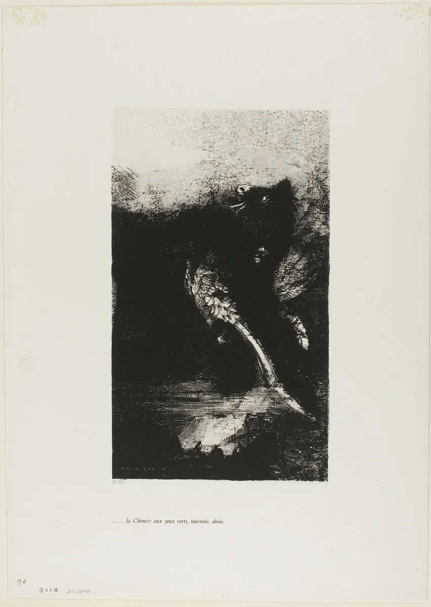 The Chimera with Green eyes Turns, Bays, plate 7 from The Temptation of Saint Anthony (1st series) by Odilon Redon, print, 1888