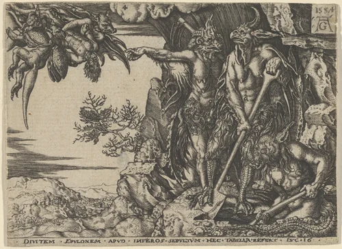 Copy of The Rich Man Transported to Hell, from "The Parable of the Rich Man and Lazarus" by Heinrich Aldegrever, print, 1554-1600