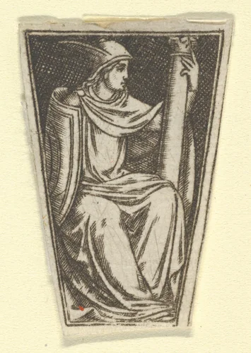 The cardinal virtue of Fortitude represented by a seated woman, her right hand on a column (possibly a modern impression) by anonymous, print, 1475-1485