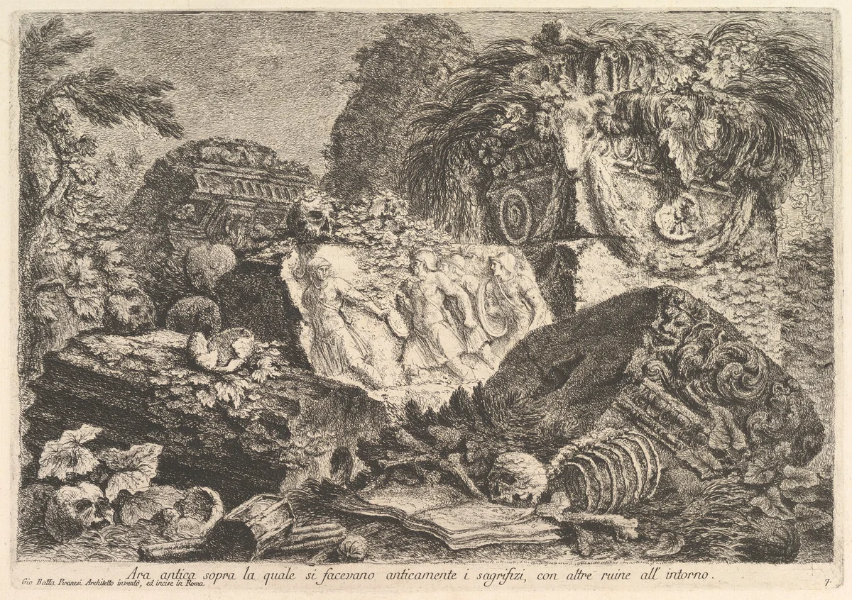 Ancient Altar on which sacrifices were performed in antiquity, surrounded by other ruins (Ara antica sopra la quale si facevano anticamente i sagrifizi, con altre ruine all'intorno), from "Prima Parte di Architettura, e Prospettive" by Giovanni Battista Piranesi, print, 1745-1755