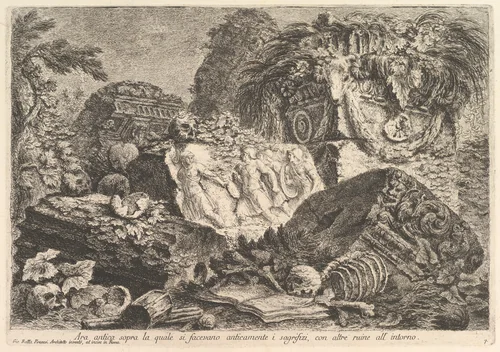Ancient Altar on which sacrifices were performed in antiquity, surrounded by other ruins (Ara antica sopra la quale si facevano anticamente i sagrifizi, con altre ruine all'intorno), from "Prima Parte di Architettura, e Prospettive" by Giovanni Battista Piranesi, print, 1745-1755