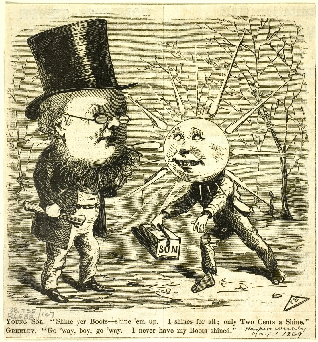 Young Sol and Greely, from Harper's Weekly by Frank Beard, print, 1869