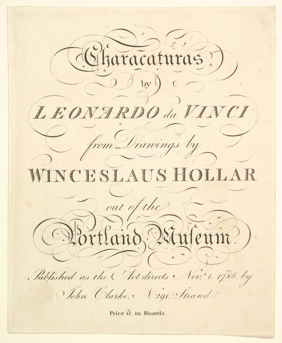 Title Page: Characaturas by Leonardo da Vinci, from Drawings by Wincelslaus Hollar, out of the Portland Museum by Wenceslaus Hollar, print, 1786