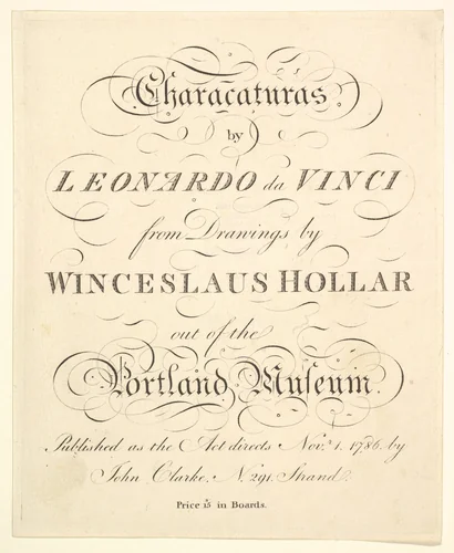Title Page: Characaturas by Leonardo da Vinci, from Drawings by Wincelslaus Hollar, out of the Portland Museum by Wenceslaus Hollar, print, 1786
