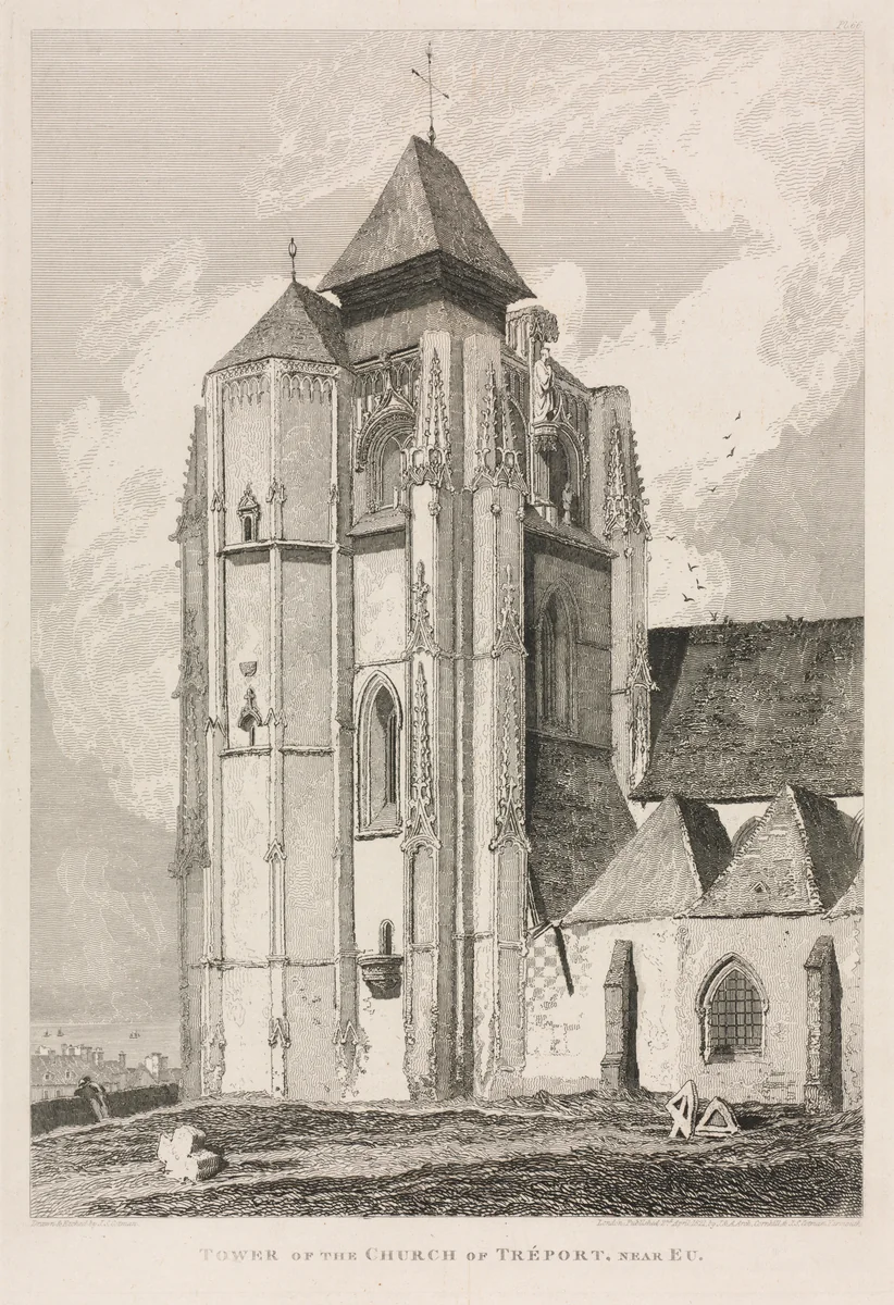 Architectural Antiquities of Normandy (Vol. II), Pl. 66: Tower of the Church of Tréport, near Eu by John Sell Cotman, print, 1821