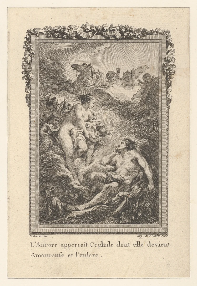 Vignette (Tome I.er, page 164, lib. II, fab. 15), depicting Cephalus and Aurora, from "Les Métamorphoses d'Ovide en Latin et en François de la traduction de M. l'Abbé Banier de l'Académie Royale des Inscriptions et Belles-Lettres. Avec des explications historiques. A Paris Chez Despilly rue saint Jacques à la croix d'or. MDCCLXVII. Avec Approbation et Privilège du Roi" by Augustin de Saint-Aubin, print, 1760-1770