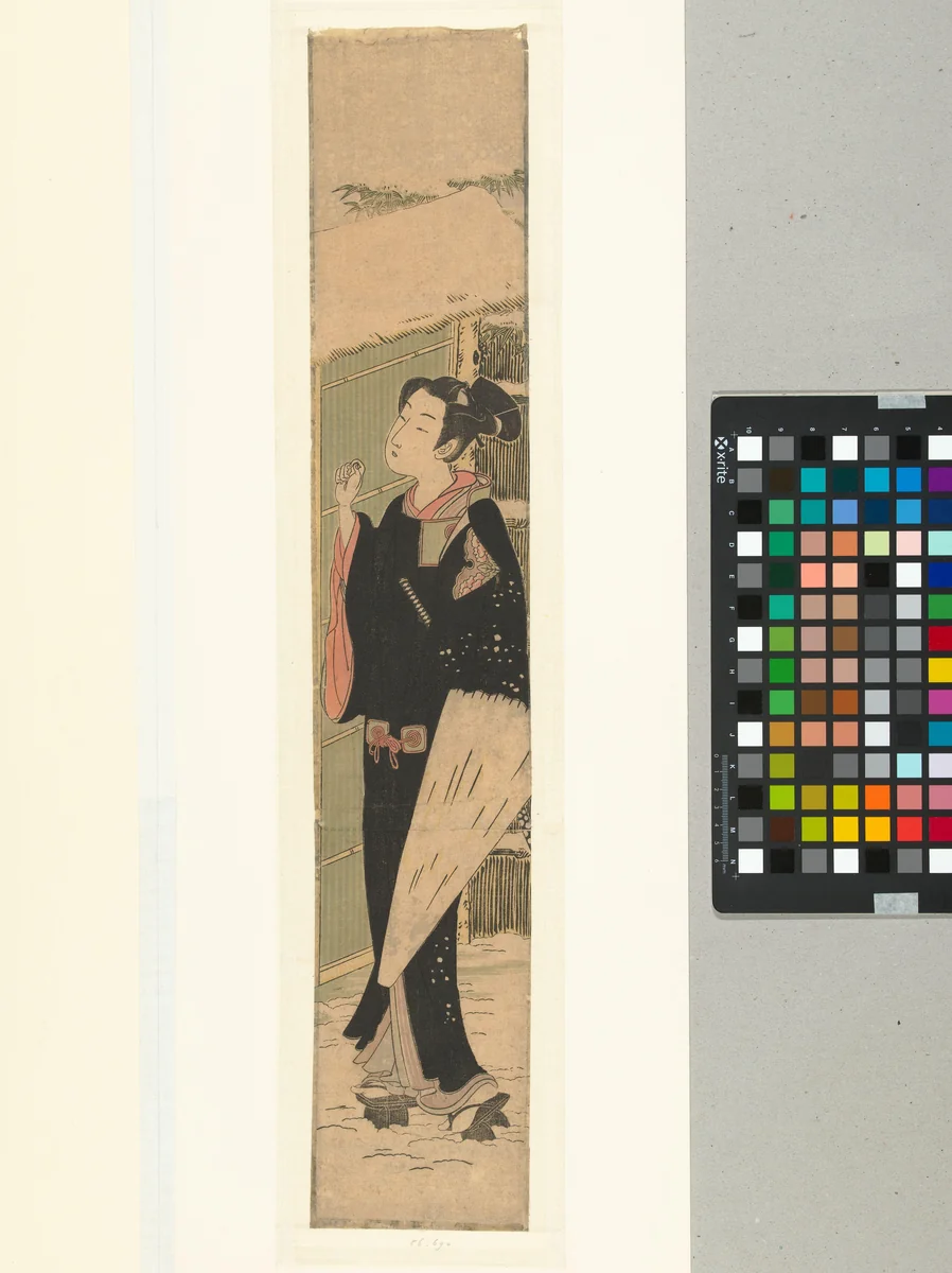 Man kloppend op poort by Isoda Kôryûsai, print, 1770-1775