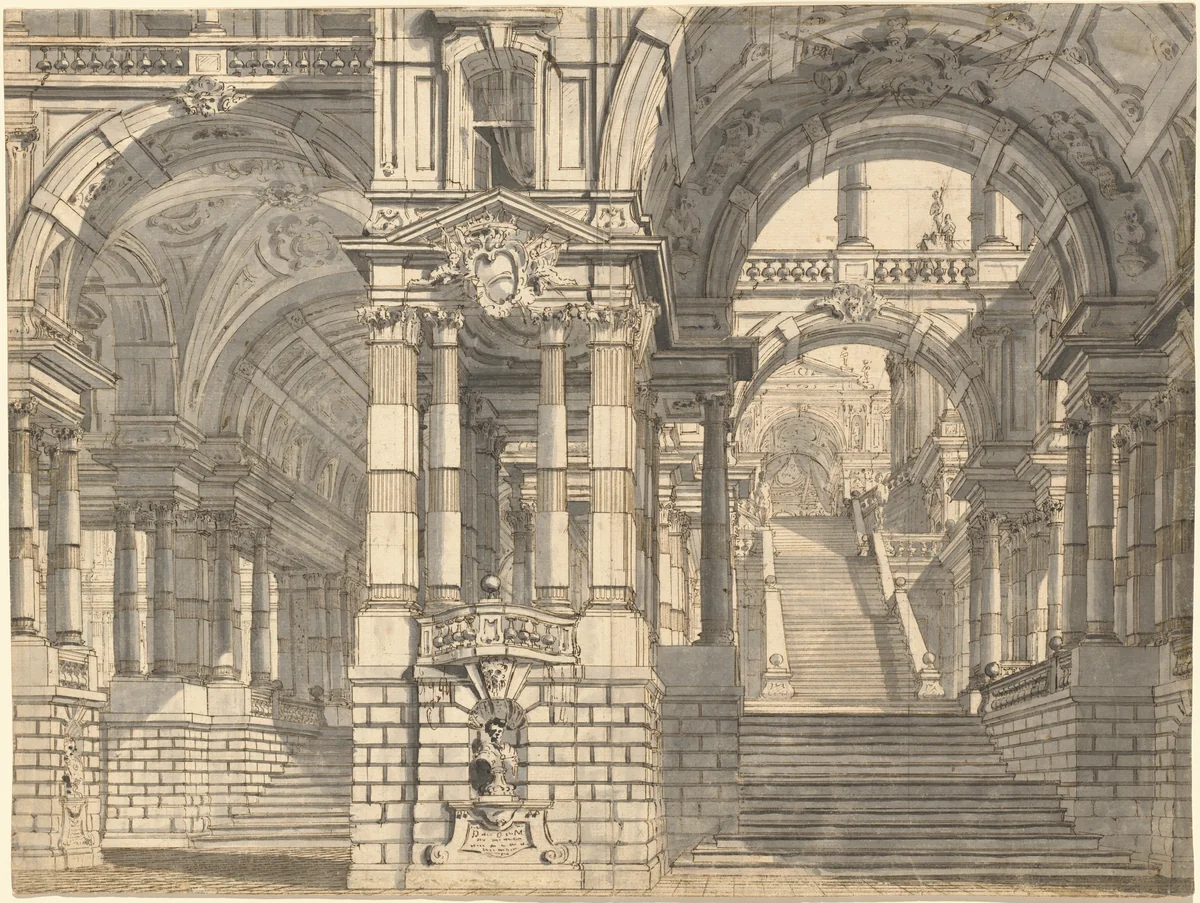 Fantasy of Magnificent Courtyards and Loggie with a Monumental Staircase by Pietro Gonzaga, drawing, 1770
