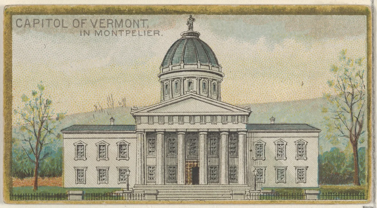 Capitol of Vermont in Montpelier, from the General Government and State Capitol Buildings series (N14) for Allen & Ginter Cigarettes Brands by Allen & Ginter, print, 1889