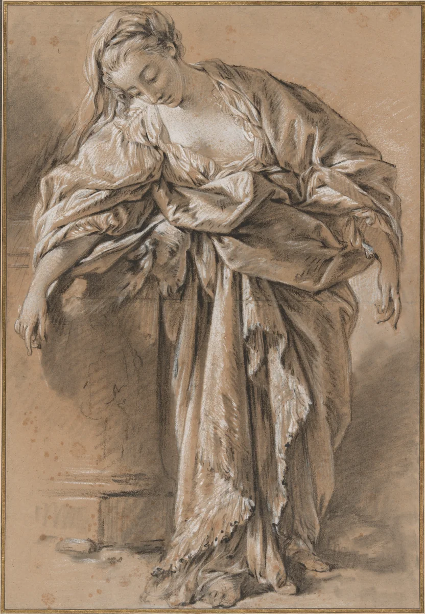 Study of a Draped Woman Leaning on a Pedestal by François Boucher, drawing, 1759-1761