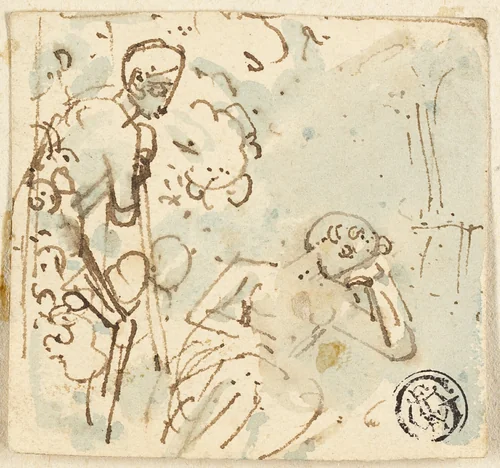 Sketch of Man Leaning on Staff, Looking at Sleeping Woman by Thomas Stothard, drawing, 1775-1834