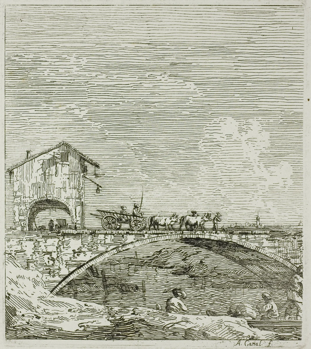 The Wagon Passing over a Bridge, from Vedute by Canaletto, print, 1735-1744