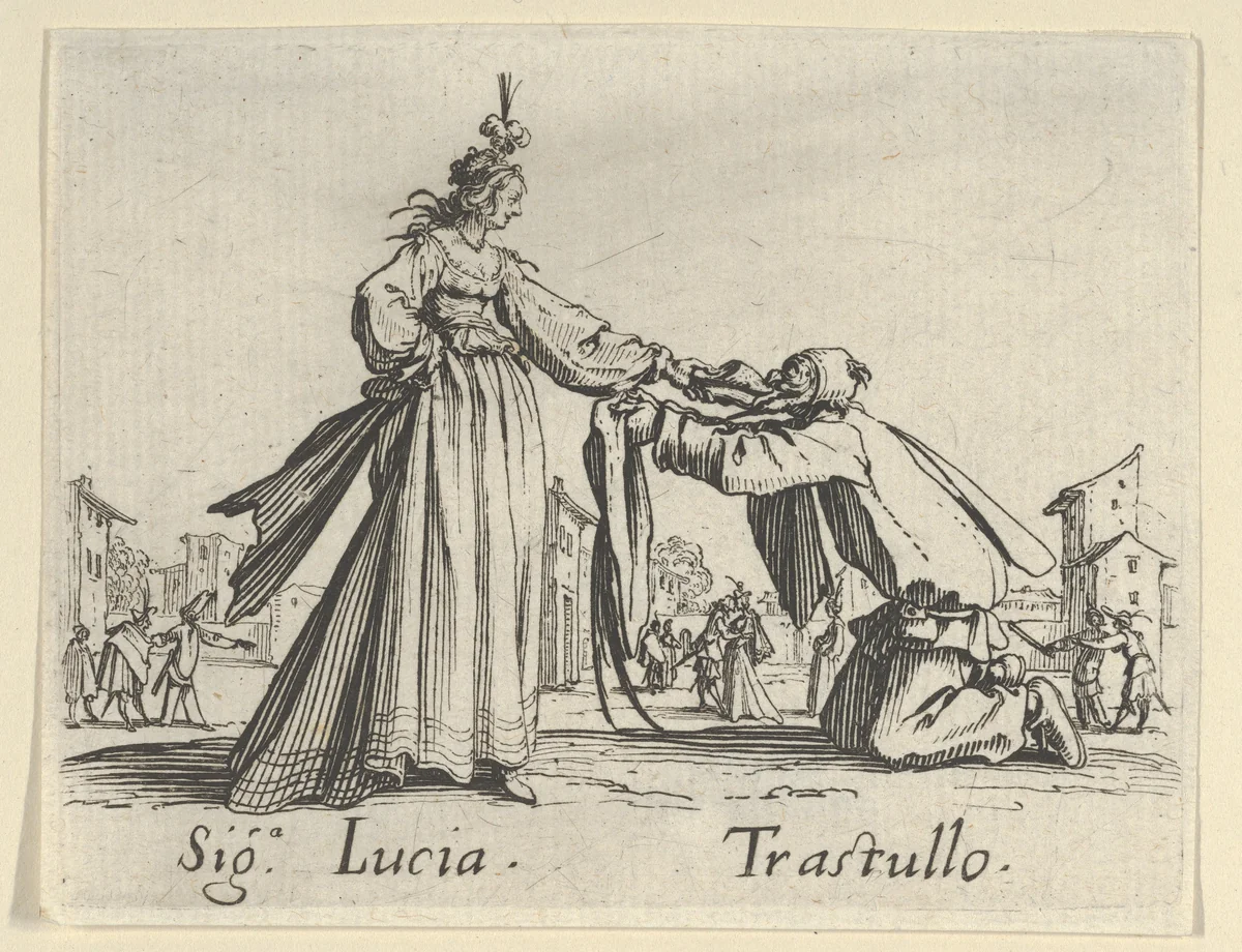 Sig. Lucia - Trastullo, from "Balli di Sfessania" (Dance of Sfessania) by Jacques Callot, print, 1622