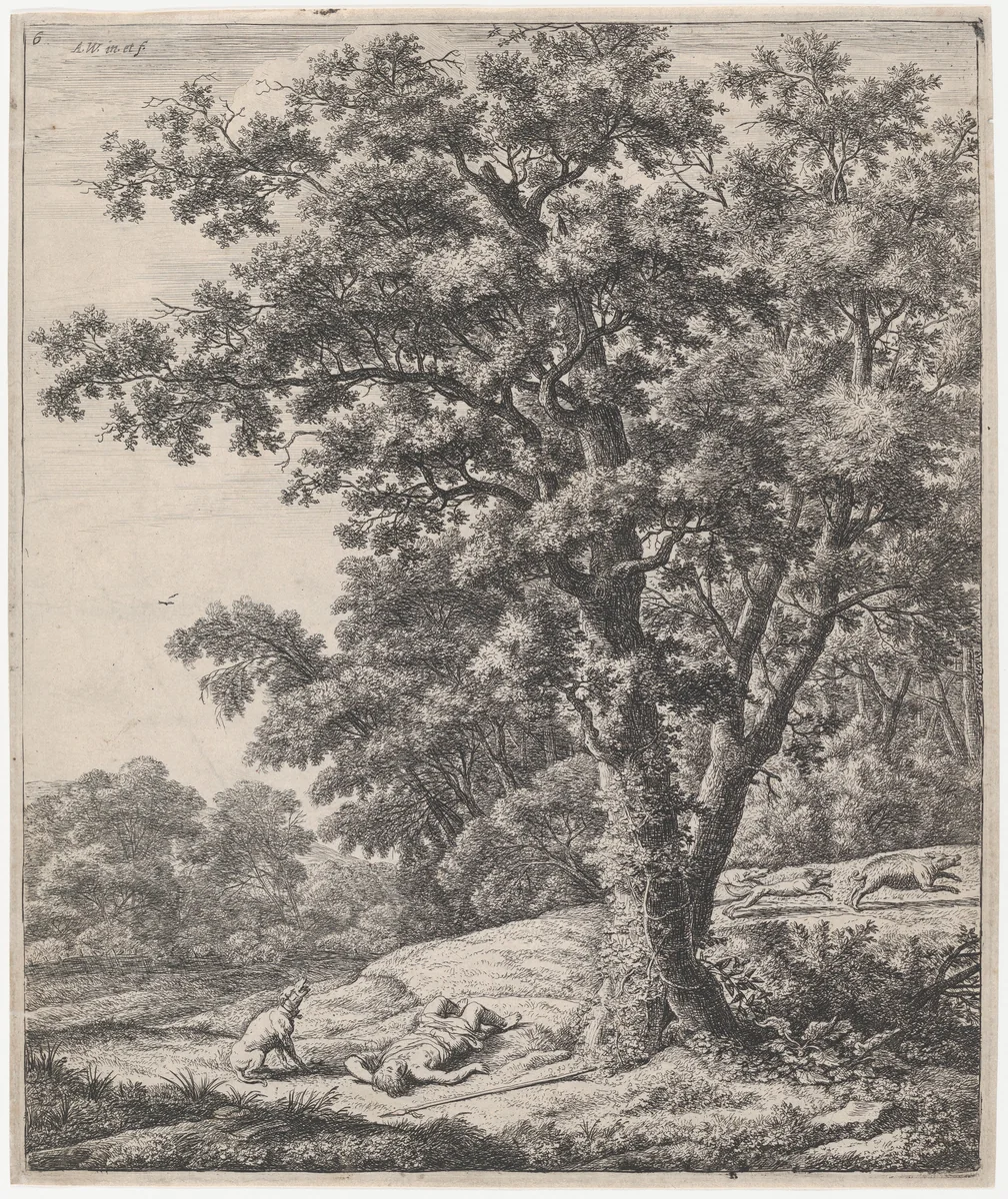 The Death of Adonis by Anthonie Waterloo, print, 1620-1690