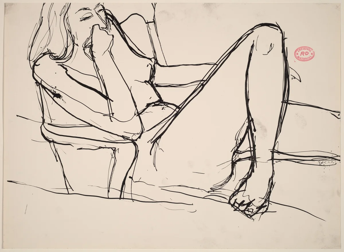 Untitled [seated nude with her leg bent and hand to mouth] by Richard Diebenkorn, drawing, 1955-1967
