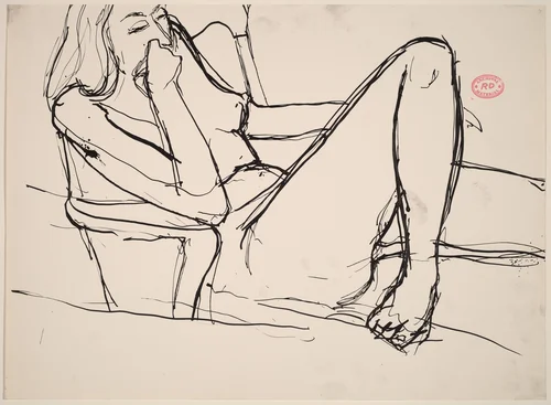 Untitled [seated nude with her leg bent and hand to mouth] by Richard Diebenkorn, drawing, 1955-1967