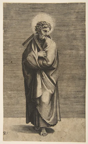 Saint Thomas holding a square rule, his head turned to the right by Marco Dente, print, 1510-1532