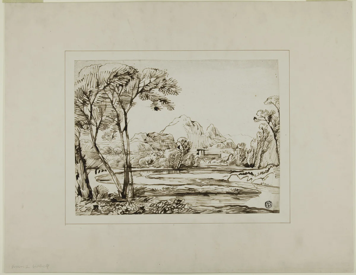 Landscape with River and Distant Hills by Franz Kobell, drawing, 1769-1822