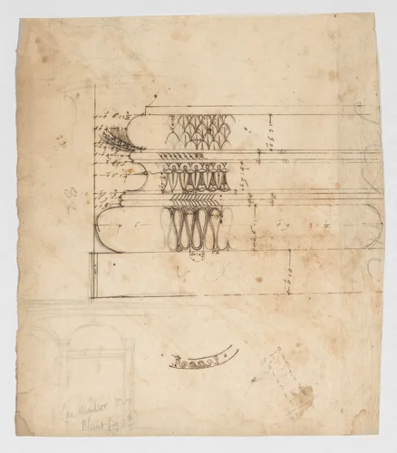 Forum of Augustus, hemicycle, Attic base, elevation and sculpted detail; Ionic capital, elevation; Palazzo Baldassini, cortile, elevation (recto) blank (verso) by anonymous, drawing, 1500-1560