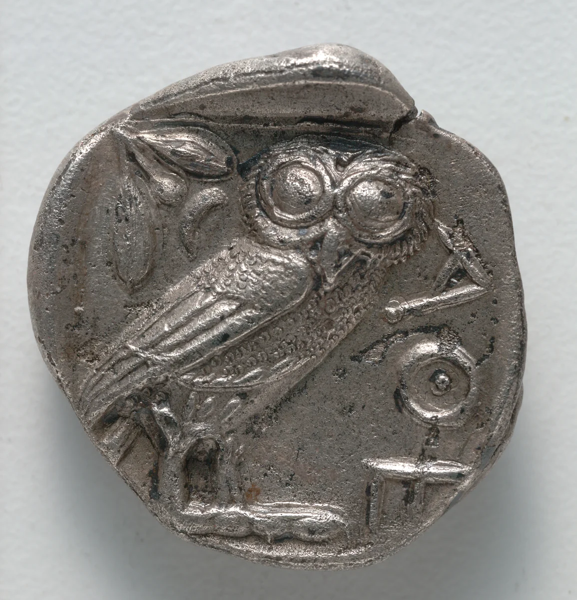 Tetradrachm: Owl, standing, r., crescent moon and olive branch above (reverse) by Unknown, metalwork, -449--440