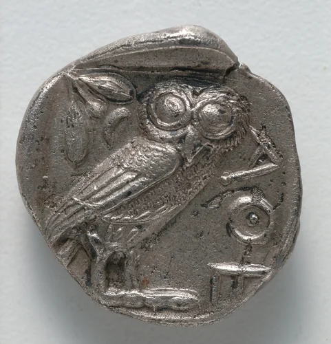 Tetradrachm: Owl, standing, r., crescent moon and olive branch above (reverse) by Unknown, metalwork, -449--440