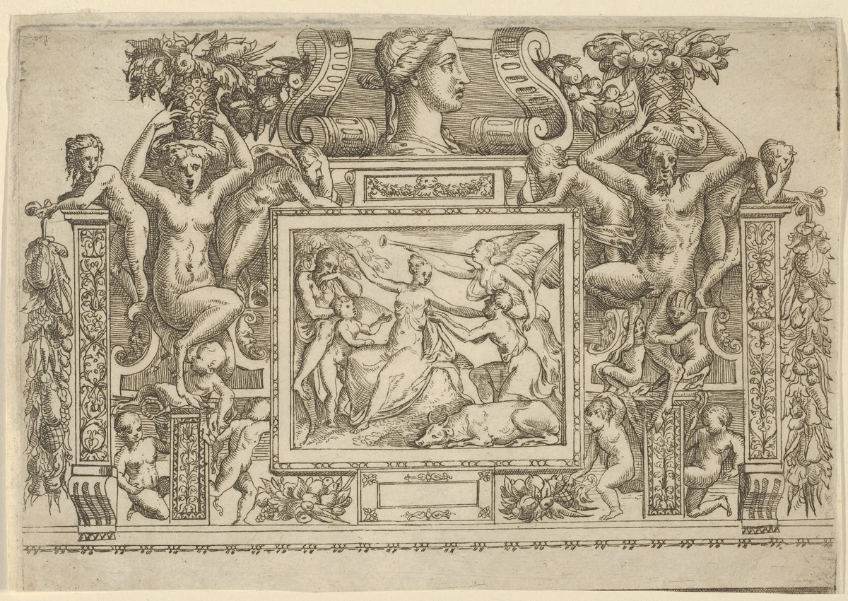 Woman seated with arms outstretched, personification of Fame with trumpet at right, set within an elaborate frame by Battista Angolo del Moro, print, 1535-1580