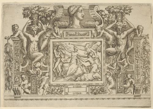 Woman seated with arms outstretched, personification of Fame with trumpet at right, set within an elaborate frame by Battista Angolo del Moro, print, 1535-1580