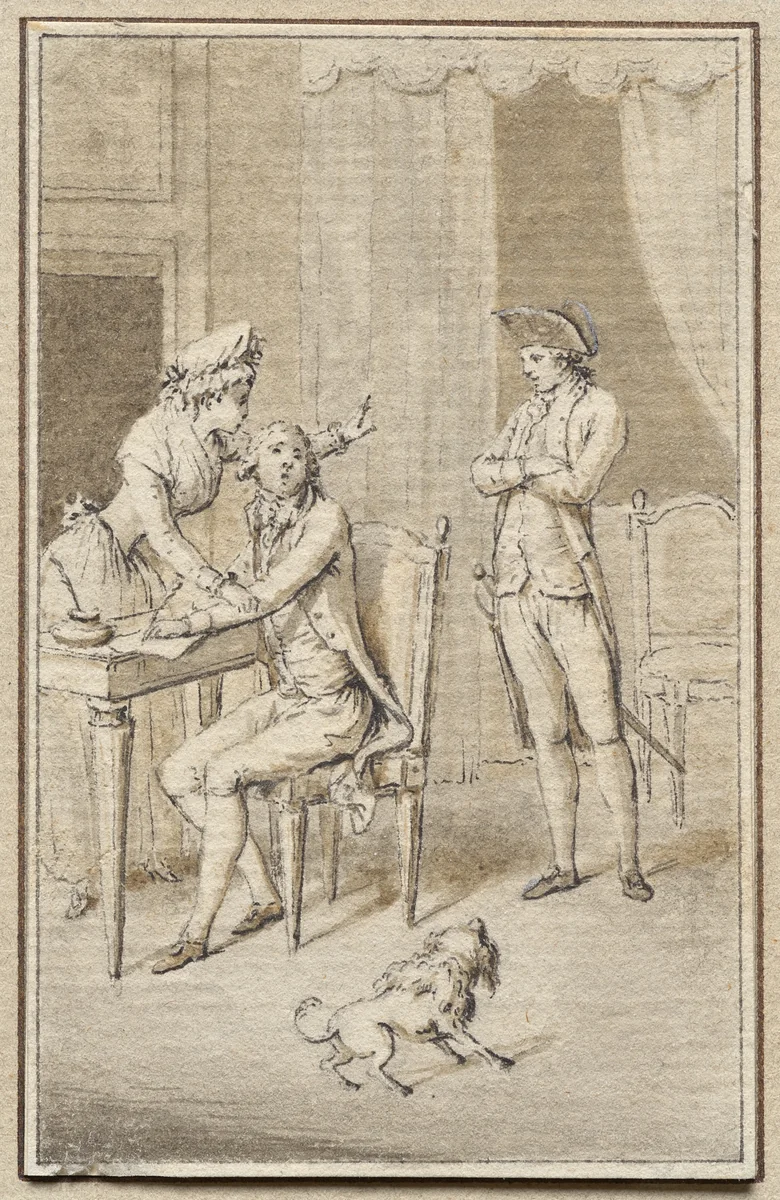 Three Figures with a Dog by Jean Michel Moreau, drawing, 1800-1899