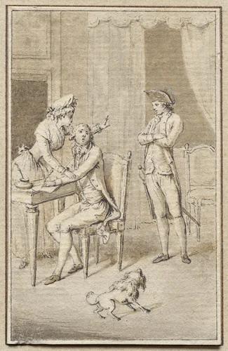 Three Figures with a Dog by Jean Michel Moreau, drawing, 1800-1899