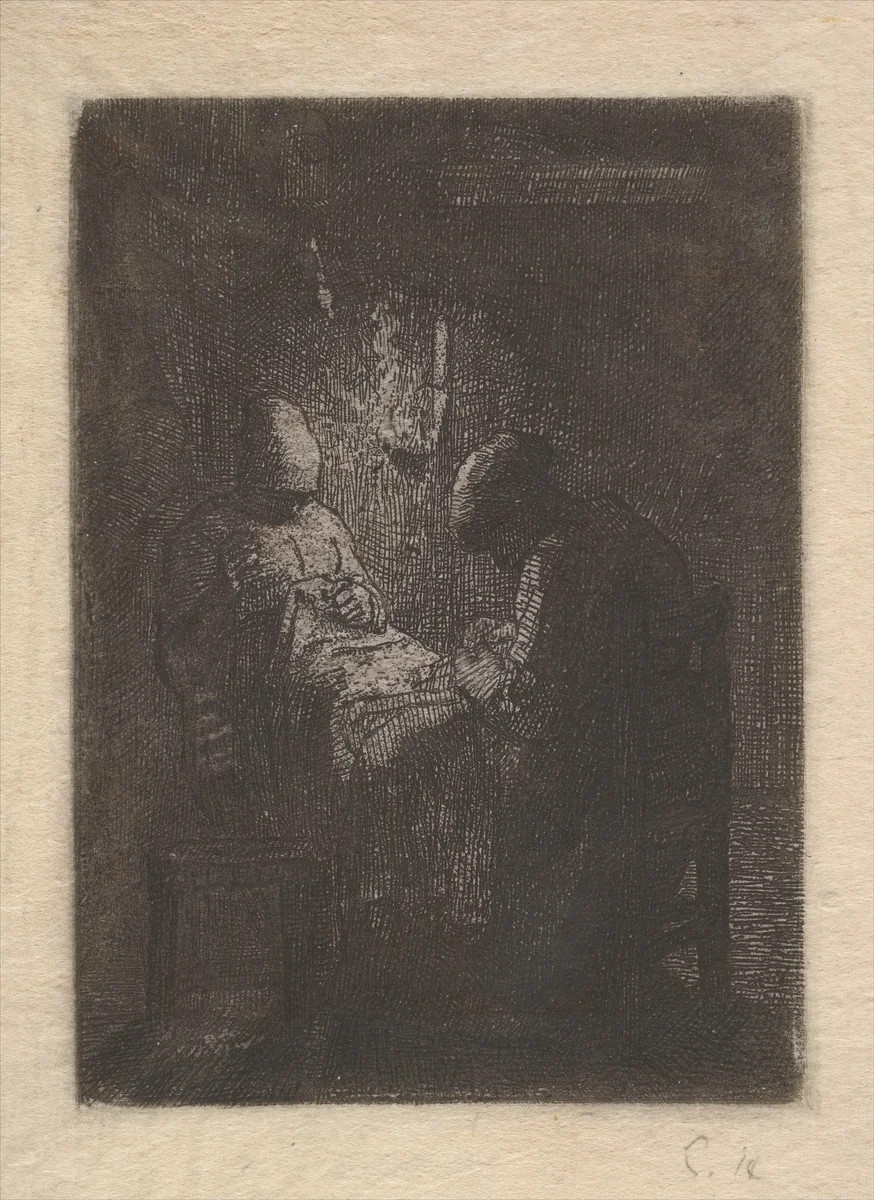 Two Women Sewing by Lamplight by Jean-François Millet, print, 1848-1858