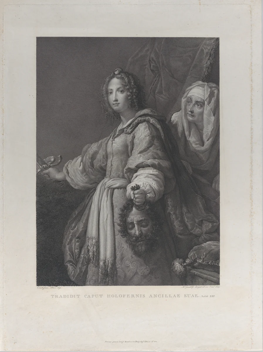 Judith holding the head of Holofernes and a sword, her maid behind her at right by Mauro Gandolfi, print, 1819