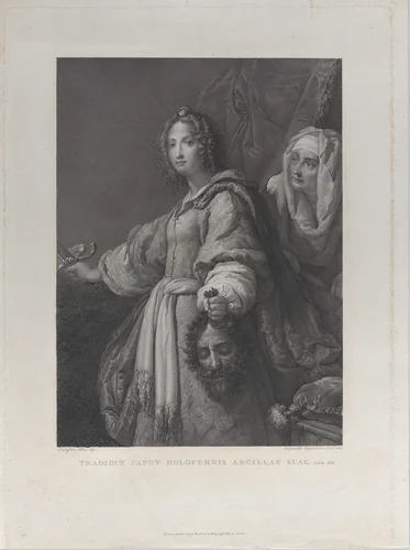 Judith holding the head of Holofernes and a sword, her maid behind her at right by Mauro Gandolfi, print, 1819