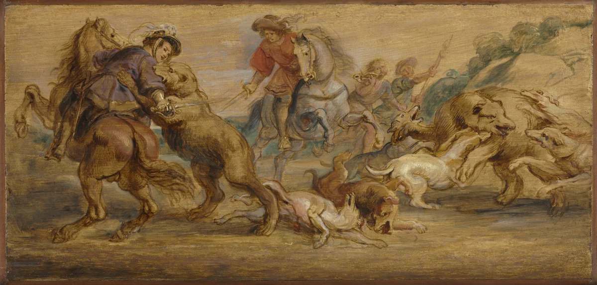 Study for "The Bear Hunt" (for the Alcázar, Madrid) by Peter Paul Rubens, painting, 1634-1644