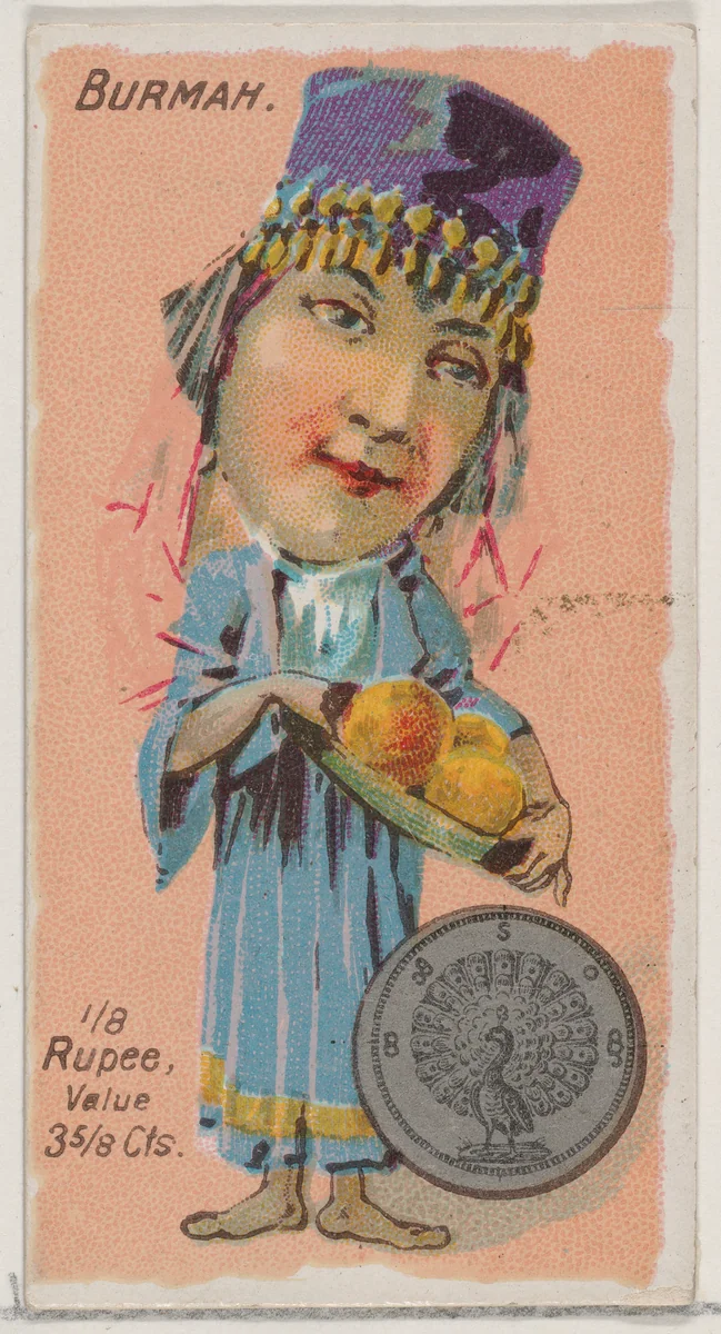 Caricatured Burmese figure, 1/8 Rupee, from the series Coins of All Nations (N72, variation 2) for Duke brand cigarettes by W. Duke, Sons & Co., print, 1889