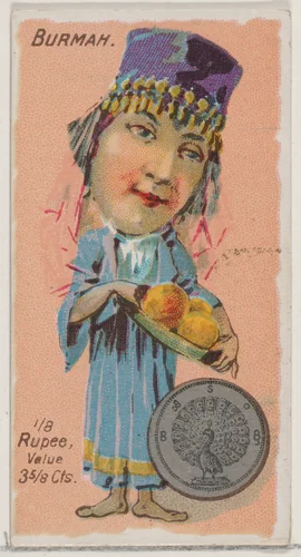 Caricatured Burmese figure, 1/8 Rupee, from the series Coins of All Nations (N72, variation 2) for Duke brand cigarettes by W. Duke, Sons & Co., print, 1889