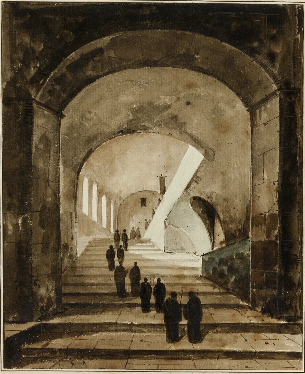Monks on the Staircase of the Villa of Maecenas at Tivoli by François Marius Granet, drawing, 1821-1831