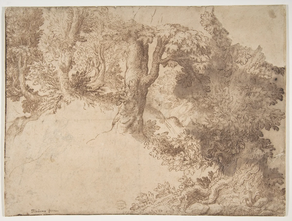 Woodland Scene with Light Sketch of a Madonna and Child by Girolamo Muziano, drawing, 1528-1592