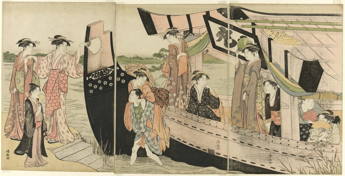 Women Coming Ashore from a Pleasure Boat on the Sumida River by Torii Kiyonaga (鳥居清長), print, 1780-1790