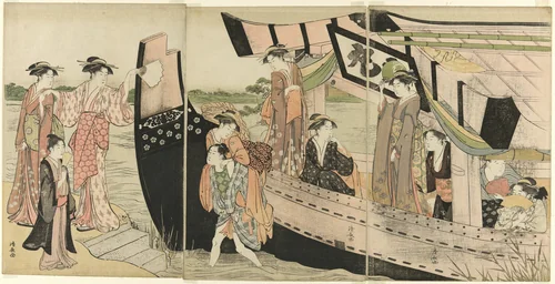 Women Coming Ashore from a Pleasure Boat on the Sumida River by Torii Kiyonaga (鳥居清長), print, 1780-1790