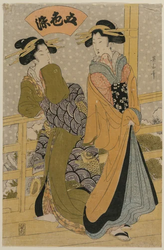 Two Courtesans on a Balcony (From the series Five Colors of Ink) by Kikukawa Eizan, print, 1810-1819