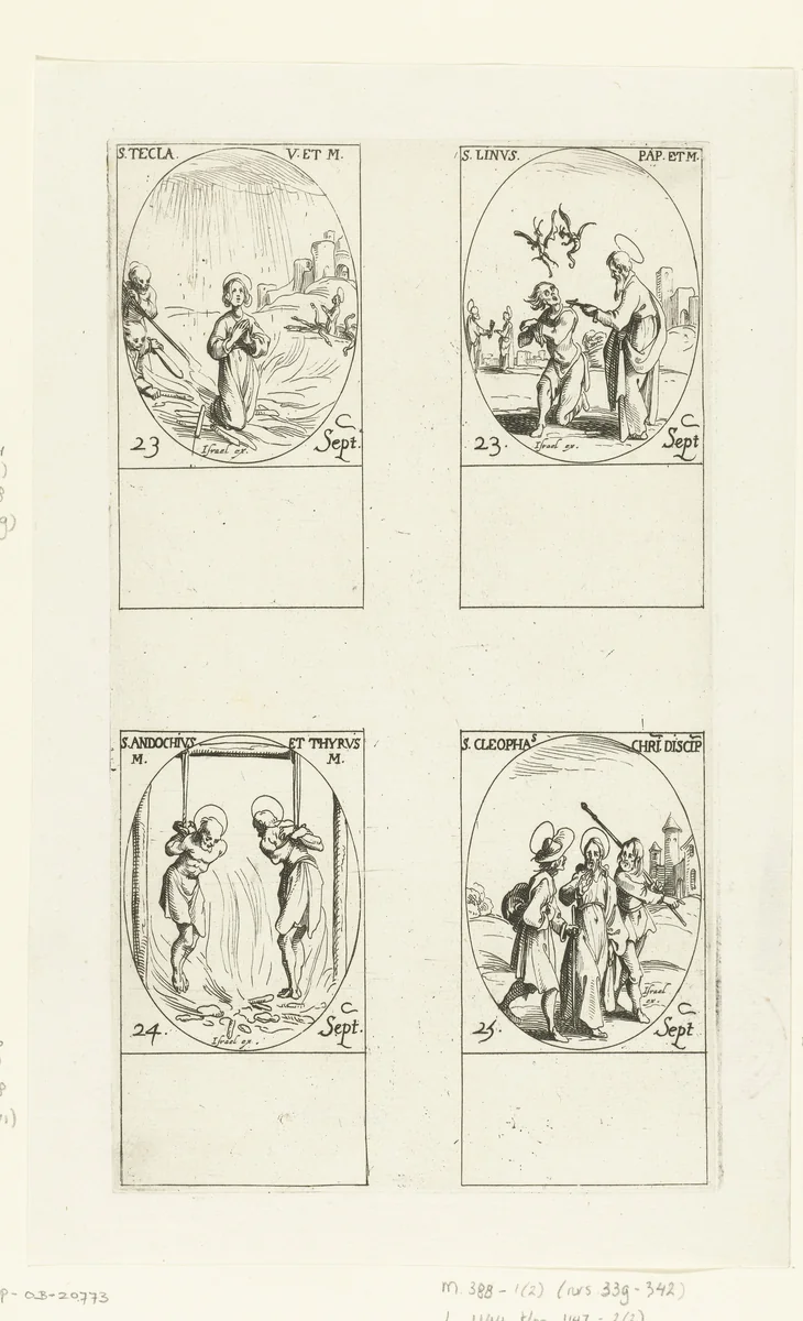 Heilige Thecla van Iconium, Heilige Linus, Heilige Andochius en Heilige Thyrsus van Autun, Heilige Kleopas (23-25 september) by Jacques Callot, print, 1632-1636