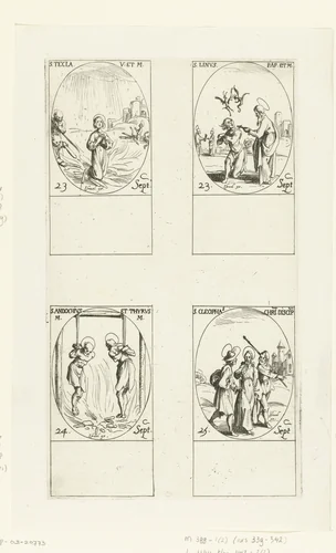 Heilige Thecla van Iconium, Heilige Linus, Heilige Andochius en Heilige Thyrsus van Autun, Heilige Kleopas (23-25 september) by Jacques Callot, print, 1632-1636